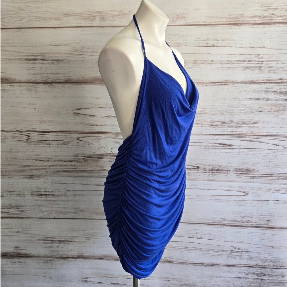Riller & Fount Royal Blue Devi Draped Front Halter Backless Mini Dress 1 Small